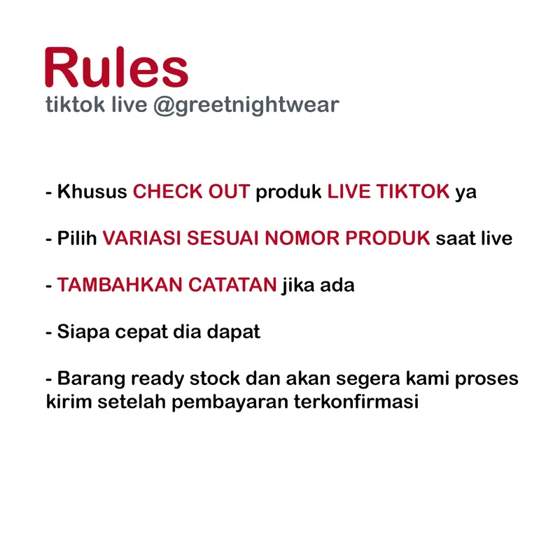 GREET NIGHT WEAR - khusus TIKTOK LIVE CHECKOUT Baju tidur Wanita 1