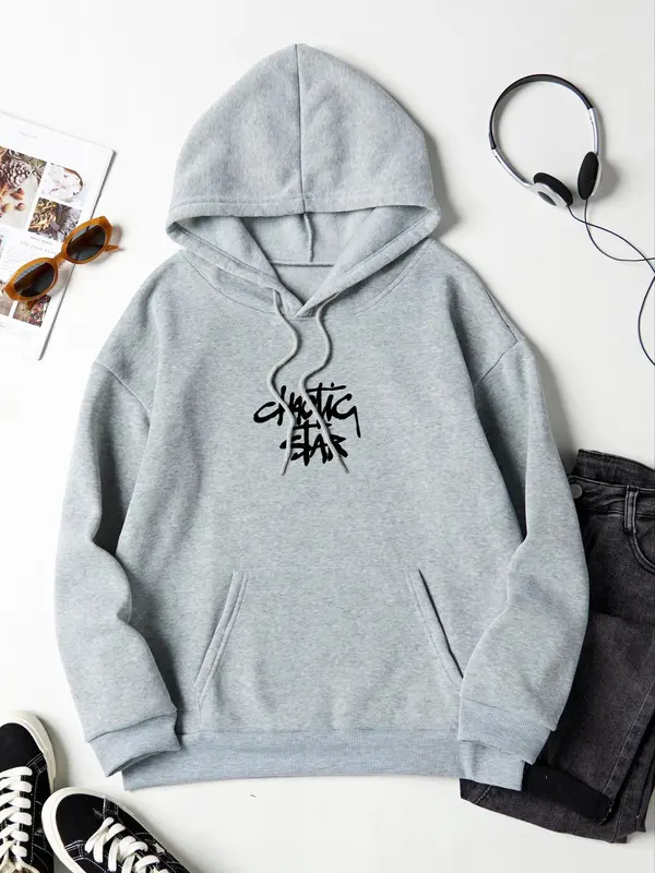 Women's Letter Print Drop Shoulder Thermal Lined Hoodie, Fashion Casual Drawstring Pocket Hooded Sweatshirt for Daily Holiday Outdoor Wear, Yoga Hoodie, Ladies Clothes for Fall & Winter 1