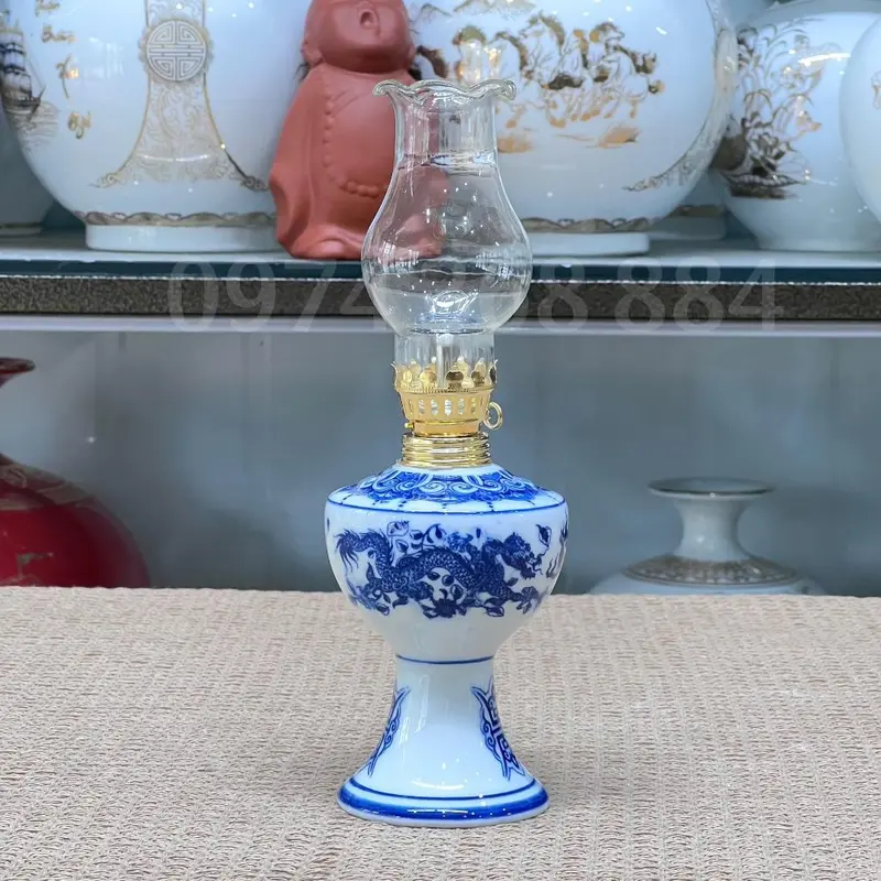 Đèn Dầu Ban Thờ, Ban Thần Tài Gốm Sứ Bát Tràng Men Lam (có bóng) 3