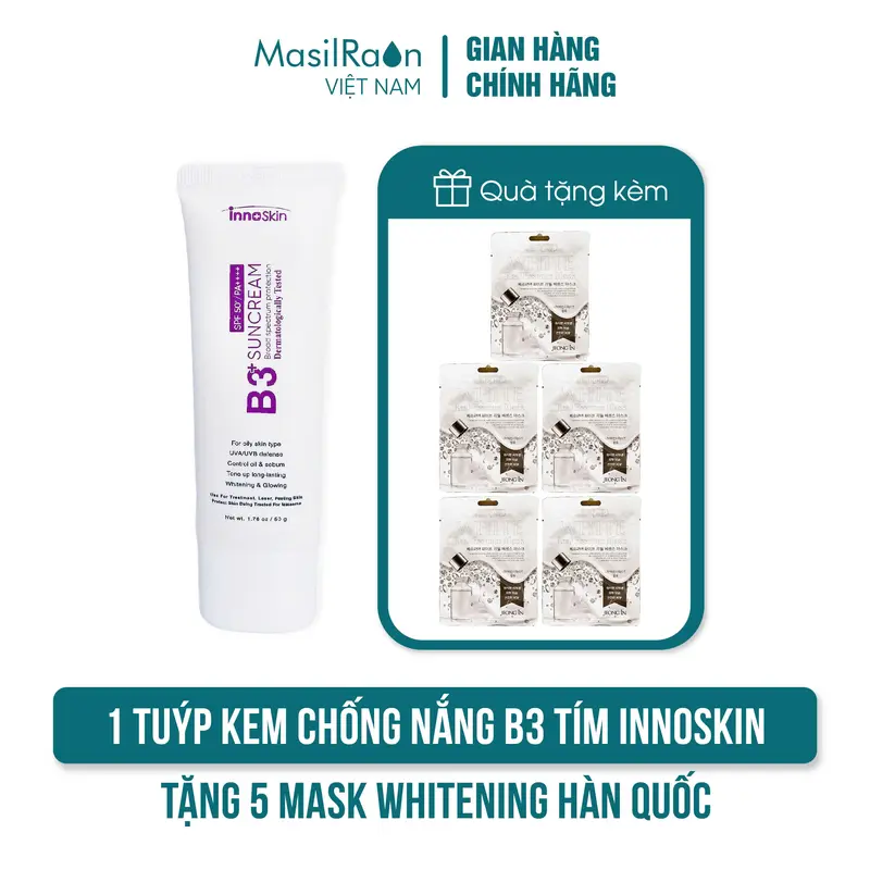 [RRR] [Innoskin] V11 - 1 tuýp kem chống nắng innoskin B3 tím (bản kiềm dầu) tặng 5 mask whitening Hàn Quốc 0