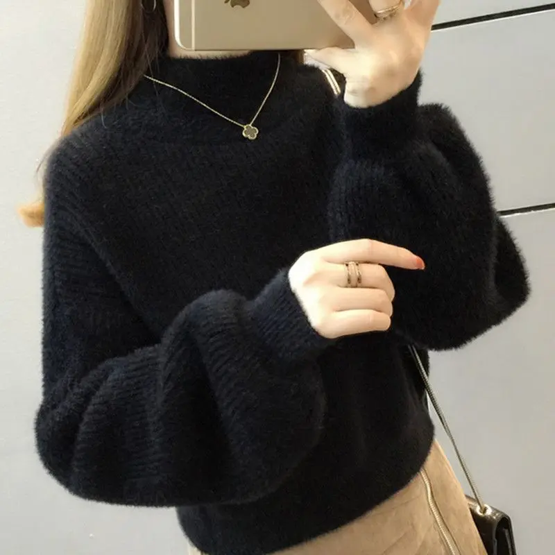 Áo Len Nữ, Lông Chồn Nhân Tạo, Áo Áo Chui Đầu Mùa Thu Và Mùa Đông, Phong Cách Thường Ngày Tay Phồng Ngắn, Áo Len Mặc Trong, Dày, Không Xơ Vải, Năm 2025 3