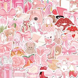 Pegatinas con Patrón de Moño Rosa, 50 piezas/set de Moños Lindos, Papel Decorativo Autoadhesivo Impermeable, Pegatina Decorativa para Tarjetas de Felicitación, Botellas de Agua, Laptops y Fundas para Teléfonos