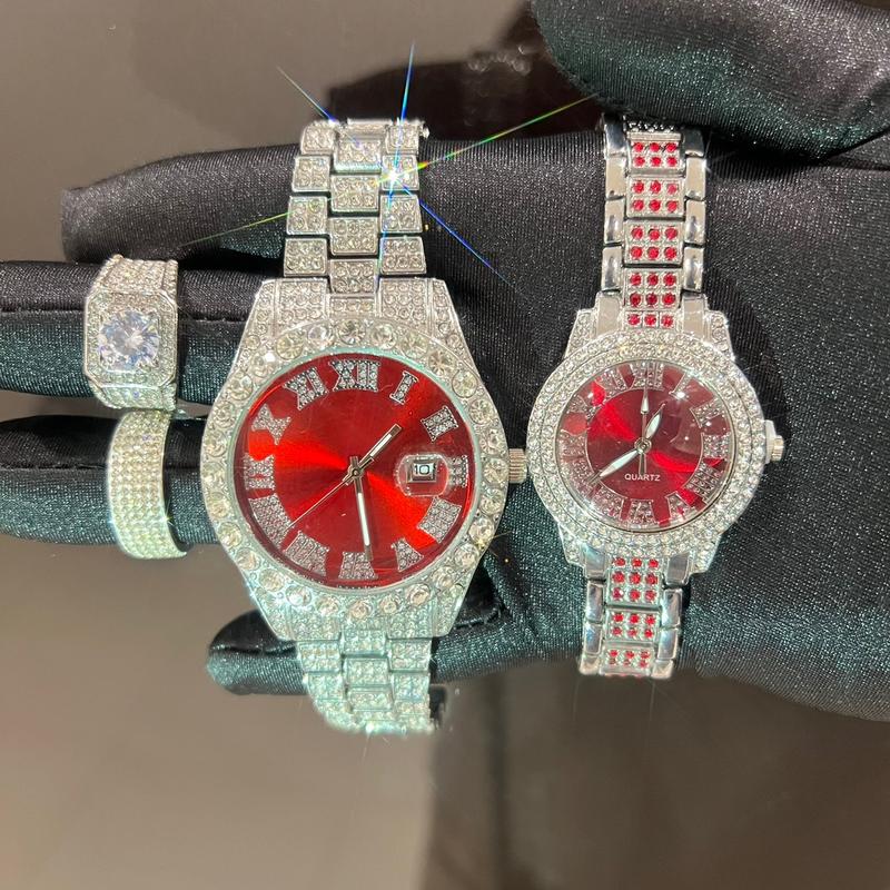 Combo đồng hồ cặp cho nam nữ mặt đỏ, tặng nhẫn cặp cao cấp