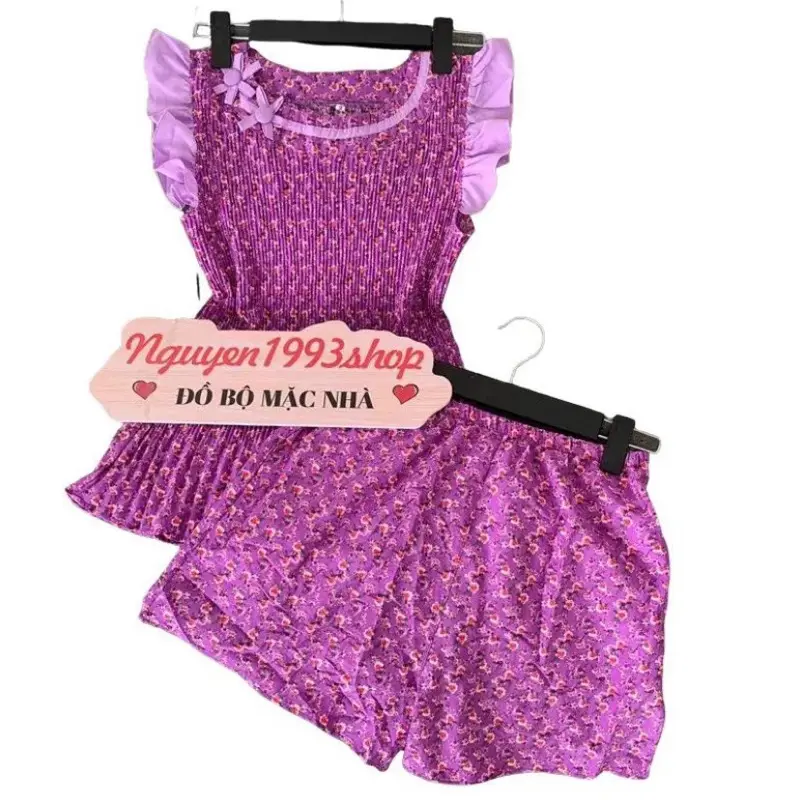 (40-72kg) SET ĐỒ MẶC NHÀ QUẦN NGẮN CÓ TÚI, VẢI LỤA ÁO DẬP LI CỔ TRÒN Nữ
