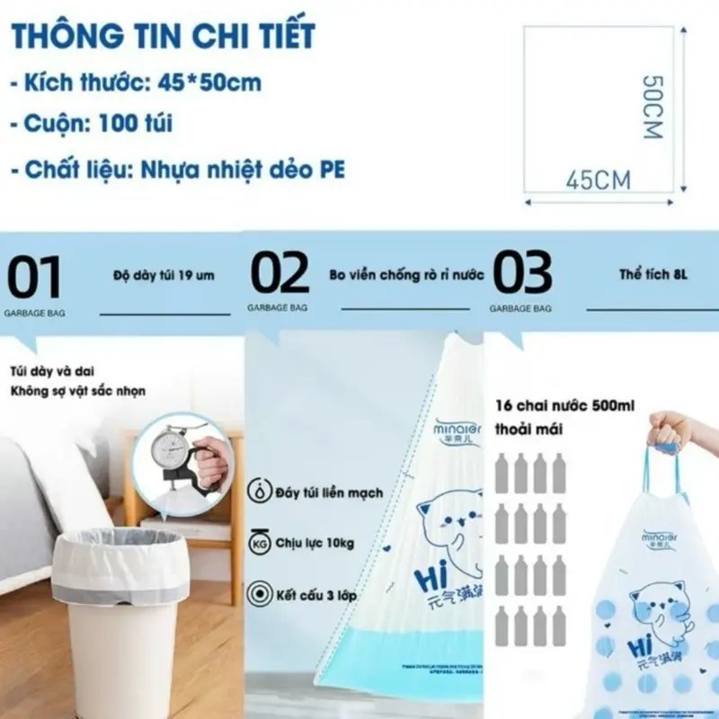 Sét 3 cuộn (300) túi đựng rác tự phân huỷ Minaier chống rò rỉ nước siêu sai kích thước 45x50 cm 5