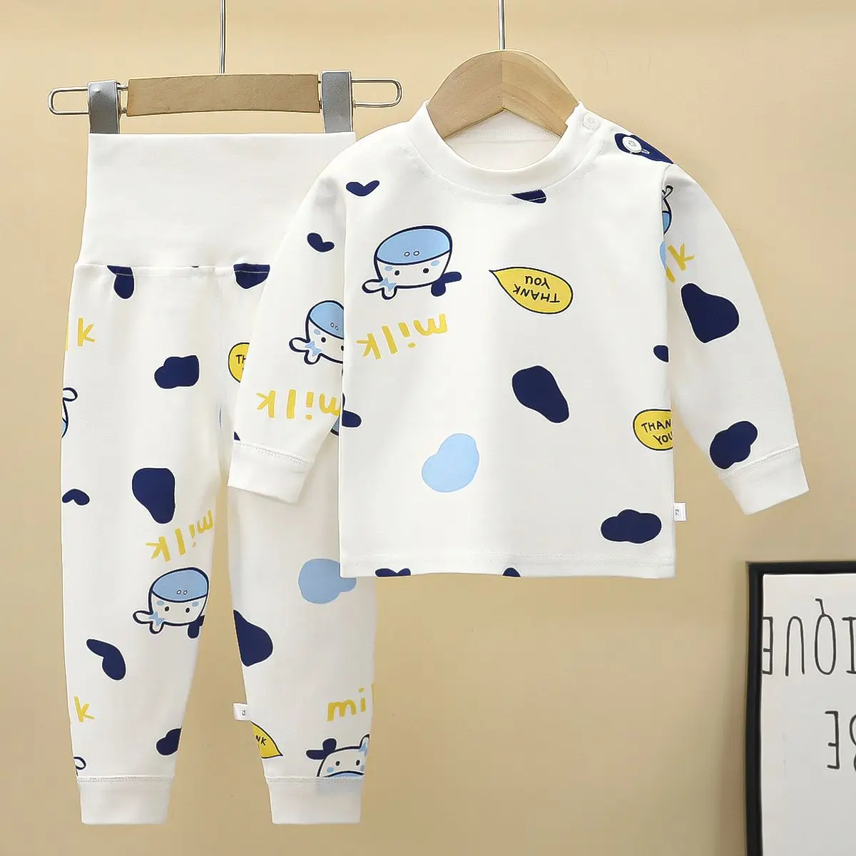 Bộ Quần Áo Mùa Thu Cho Em Bé Làm Bằng Cotton Nguyên Chất, Quần Bảo Vệ Bụng Cạp Cao Cho Em Bé Có Thể Điều Chỉnh Thích Hợp Cho Mùa Xuân Và Mùa Thu, Cho Bé Trai Và Bé Gái, Đồ Ngủ Dài Tay Cho Trẻ Em