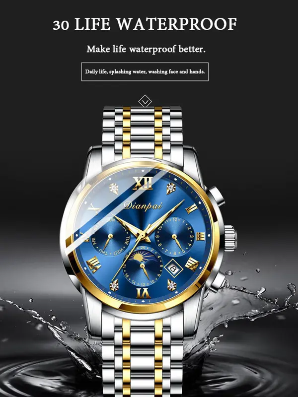 Men's Business Rhinestones Decorated Round Dial Calendar Mechanical Watch,  Waterproof Fashion Trendy Wristwatch, with Box 6