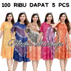 Paket Usaha 100 ribu dapat 5 pcs Daster Kaos Standar Wanita Dewasa Lengan Pendek Bahan Rayon Katun Super Tebal Premium Model Kerah Leher U Neck Dada Serut Tali Depan Non Busui Motif Tie Dye Bercak Pelangi Kimono Abstrak Warna Warni Panjang Dress Selutut
