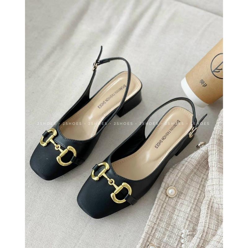 Giày sandal dáng slingback nữ mũi tròn phối khoá xinh xắn đế 3cm 2 màu đen trắng phong cách công sở nữ tính - Mã G55 DéP Shoes Cao Su 8