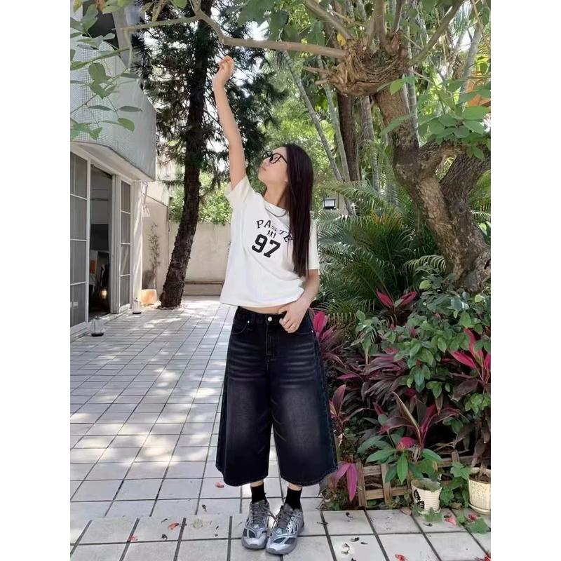 Quần Cropped Denim, Màu Đen, Dành Cho Nữ, Dáng Rộng Vừa Vặn, Quần Ống Đứng, Ngoại Cỡ, Quần Đùi 1