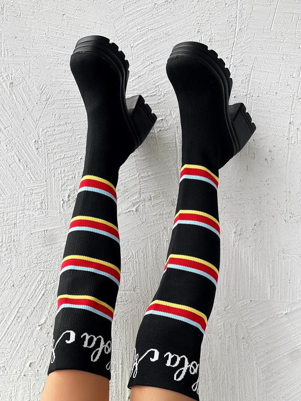 Women's Fashion Striped Print Over-the-knee Boots, Punk Style High Heel Boots for Fall & Winter, Trendy Letter Print Chunky Heel Boots 8