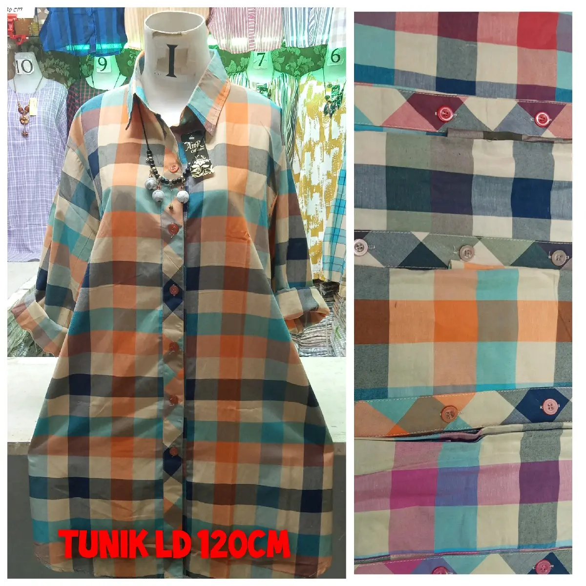 Tunik Jumbo Ld 120 // Tunik Wanita motif kotak bahan Katun Muslim