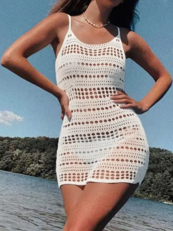 Women's Plain Crochet Knit Sweater Dress, Casual Sleeveless Knit Short Dress for Summer, Ladies Clothes for Beach Holiday 0