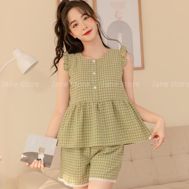 Top bộ đồ mặc ở nhà nữ kẻ bèo vai Jane mã SD50 set độ bộ Áo sát nách việt nam ống loe xanh rêu