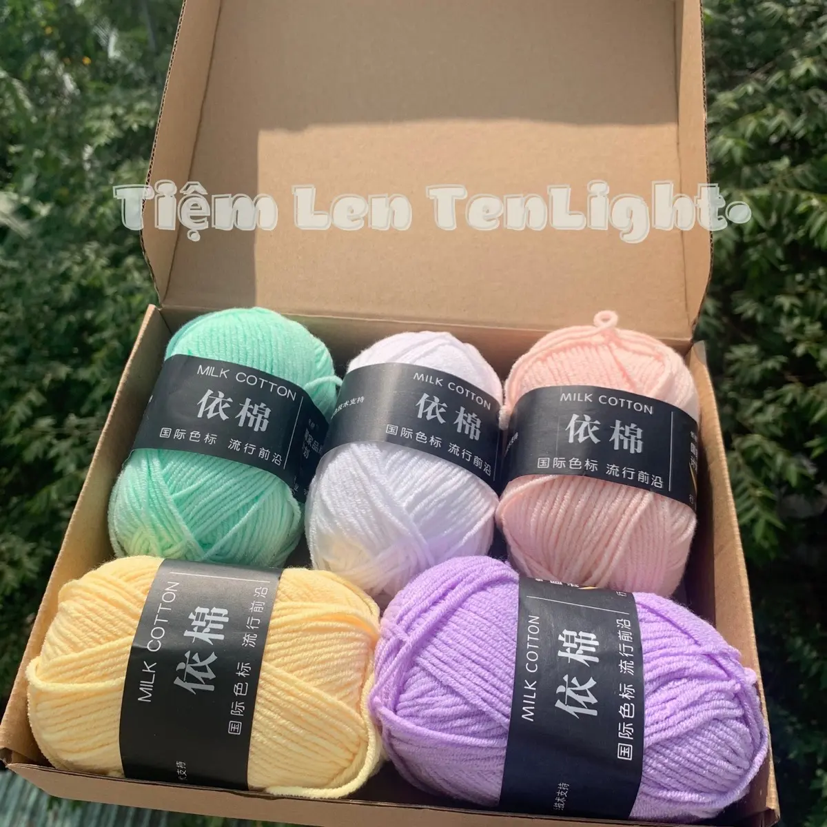 Combo 5 cuộn len kèm hộp quà tặng, combo len chọn màu len milk cotton 50gr bộ móc