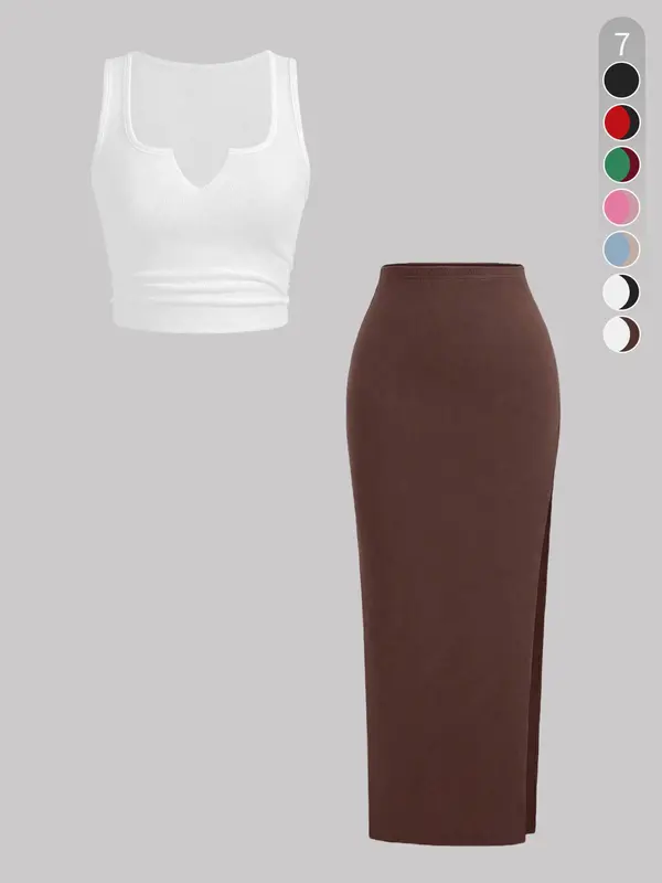 Two-Piece Set Women's Solid Ribbed Crop Tank Top & Side Split Skirt, Casual Sleeveless Top & Long Skirt for Daily Wear, Ladies Clothes for All Seasons, Polish 5