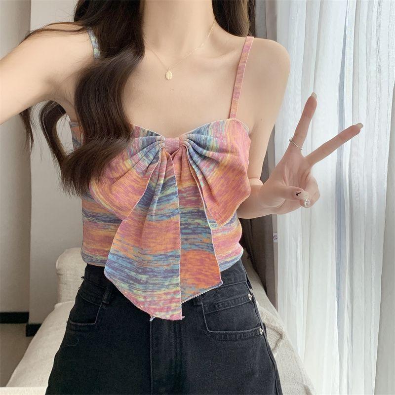 Product Introduction of Sweet and Spicy Style Striped Small Sling Vest Women's Summer Inner Wear Outer Wear Design Sense Niche Bow Sleeveless Short Top turtleneck  tank Lingerie Plaid Spaghetti Strap tank  top camisole  tops baby  tee 30