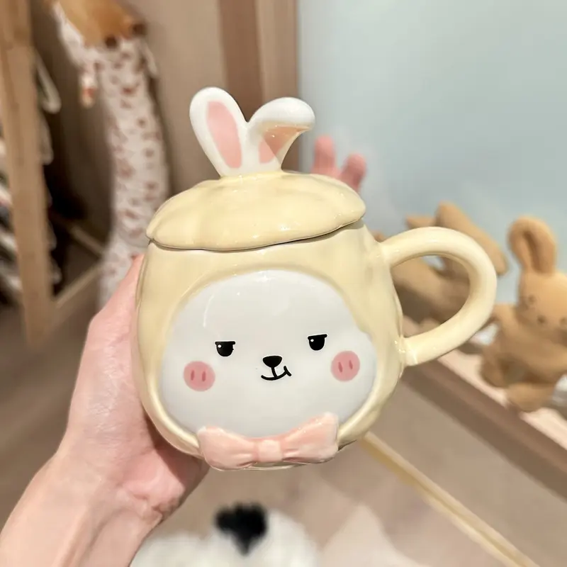 Ly cốc sứ có nắp đậy hình thỏ dễ thương 450ml, cốc uống nước có nắp đậy kèm thìa - TTB 4