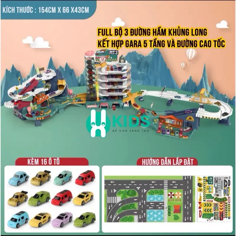 Full 3 Bộ đồ chơi đường đua khủng long siêu tốc kết hợp garage đỗ xe ô tô 5 tầng kích thước lớn sẵn nhiều ô tô con hợp kim cho bé Toy 7
