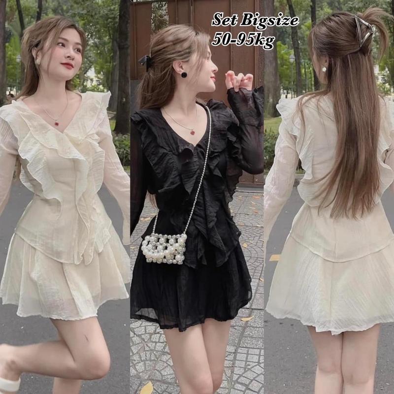BIGSIZE HCM GIÁ RẺ - Set Bigsize Đũi Gân Thiết Kế Tay Bèo Thời Trang Bigsize Nữ đẹp Sang Chảnh, Set Bộ Đồ Sơ Mi Phối Bèo + Chân Váy 50-95kg Nhung Voi Women Áo Đen - 2030