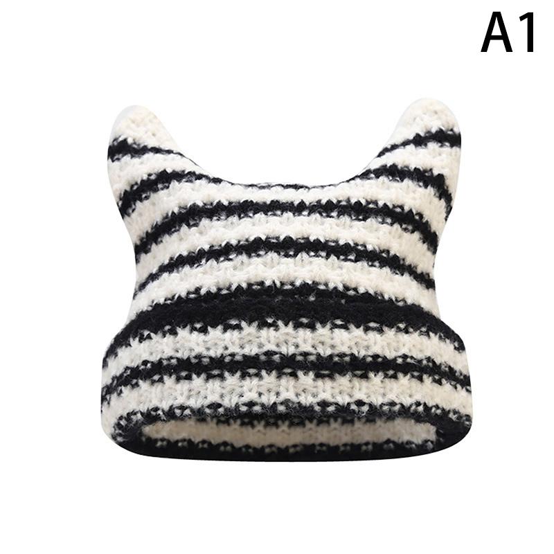 Product Introduction of New Japanese Streetwear Harajuku Beanie Little Devil Striped Knitted Hat Women Girls Autumn Winter Cute Cat Ears Cap 27