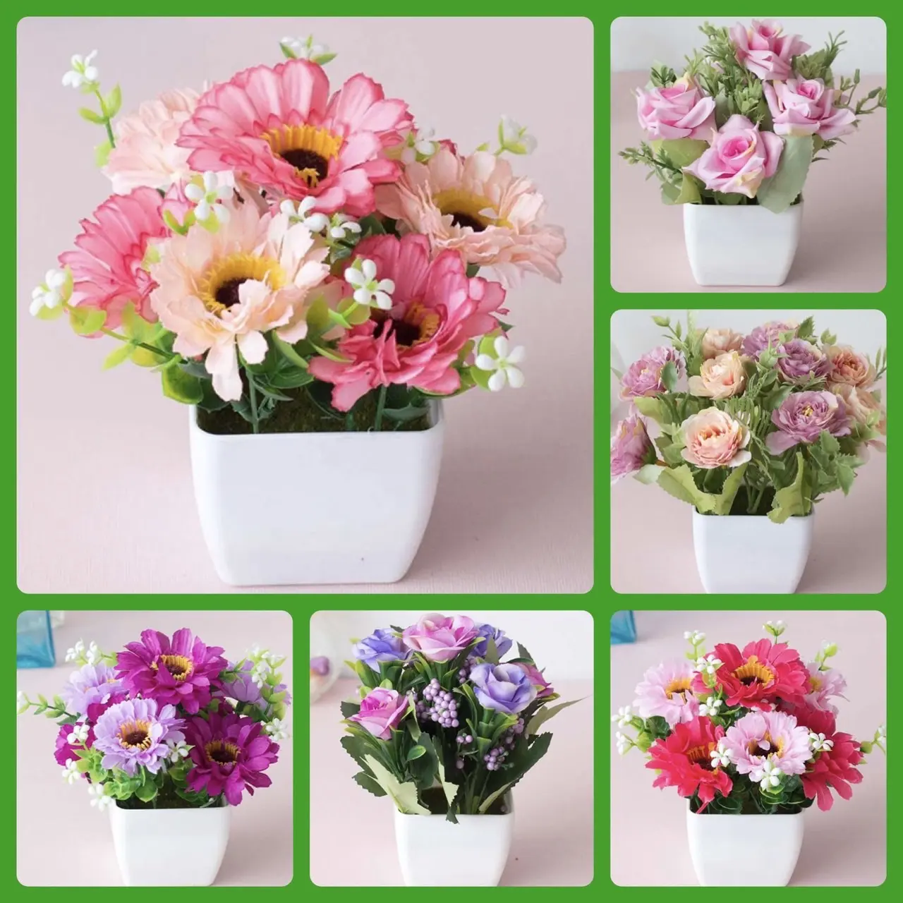 (รวม)กระถางพร้อมดอกไม้ปลอม กุหลาบ เบญจมาศ โบตั๋น สูง13-15cm