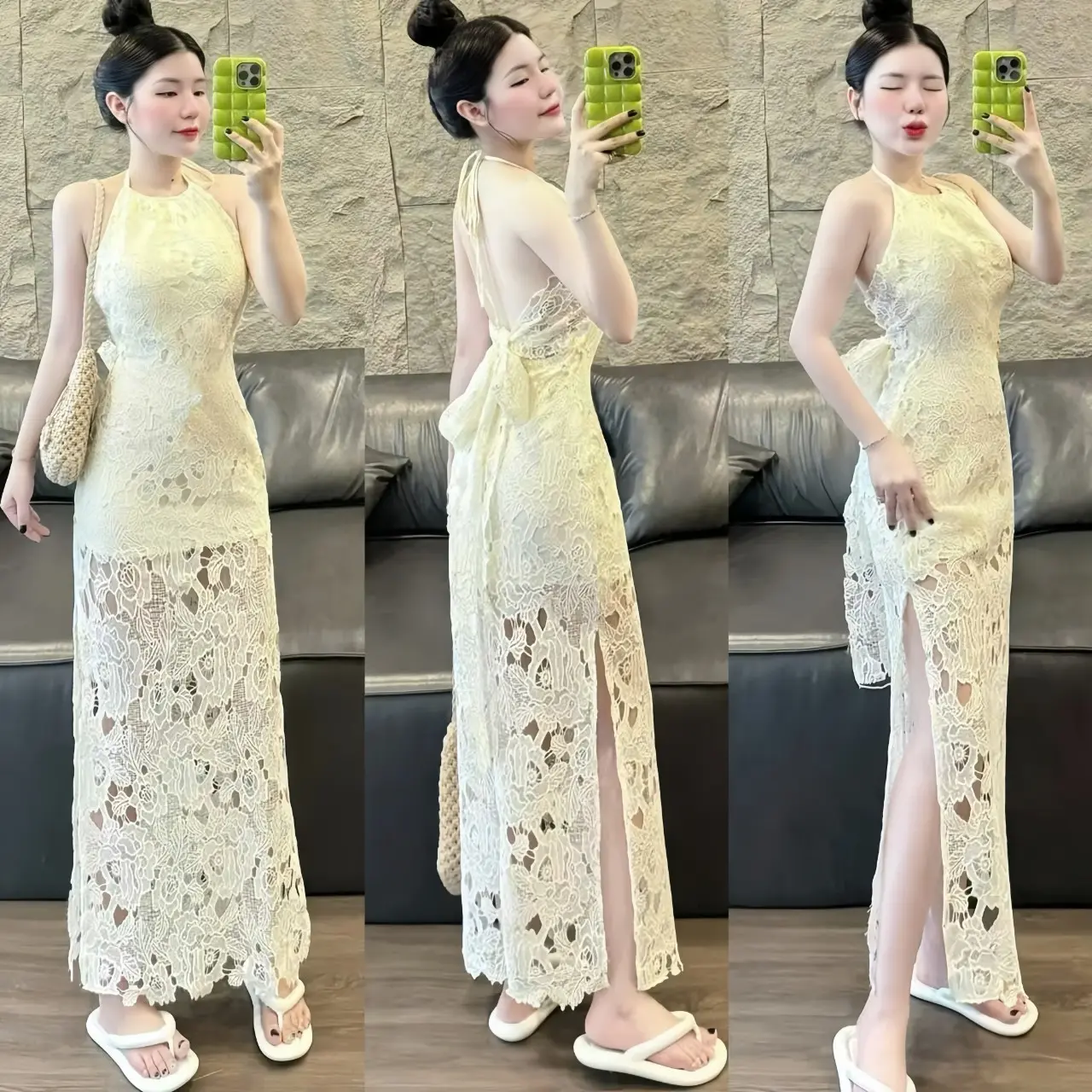 Đầm váy nữ ren 2 lớp thiết kế cổ yếm hở lưng dáng váy dài xẻ tà xinh xắn sang chảnh dành cho các nàng diện đi chơi,đi tiệc.  Women top