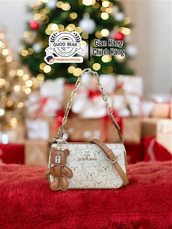 Túi xách nữ TTWN&GUOO BEAR TN1764 chính hãng da PU + vải dệt, khóa kéo nhẹ, đeo vai & đeo chéo, màu nâu chữ - Hoa, Nhung, Tote