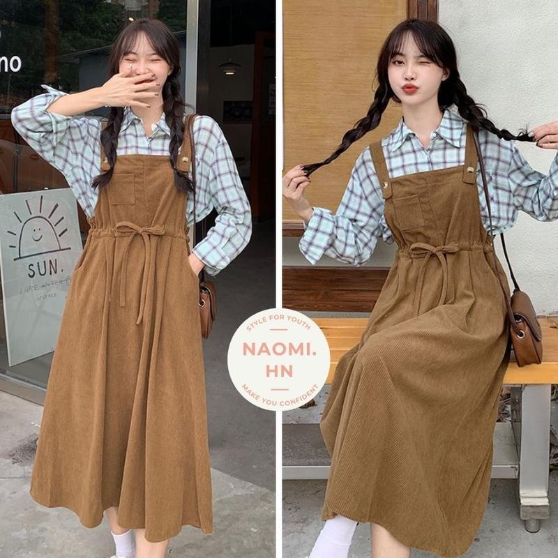 Product Introduction of Váy yếm 2 dây bản to form rộng NHUNG TĂM BUỘC EO dáng xòe, váy yếm gân tăm nữ dáng dài rộng nhung tăm babydoll 0