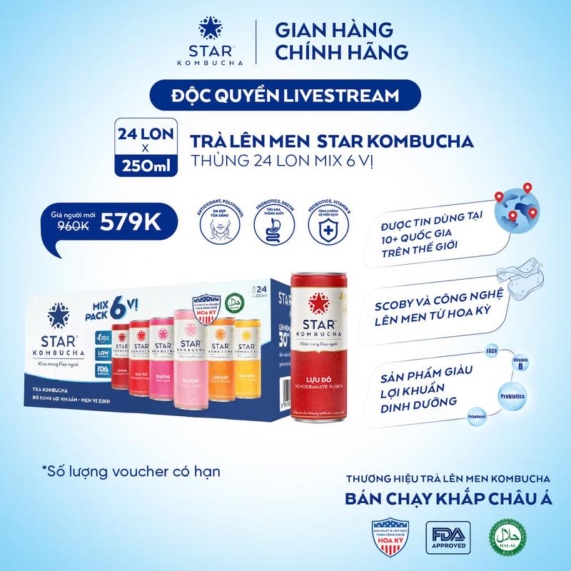 Thùng 24 lon trà lên men Star Kombucha mix 4 vị 250ml lon