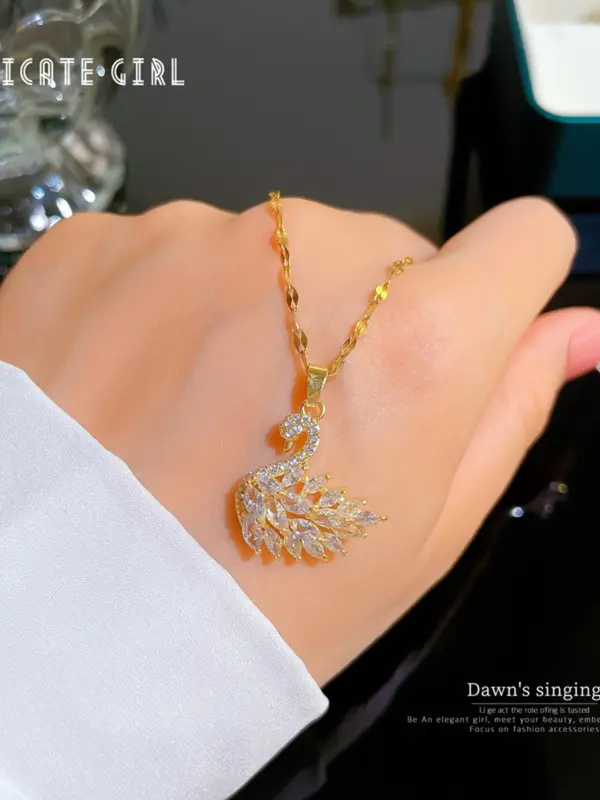 Elegant Rhinestone Decorated Swan Shaped Pendant Necklace, Exquisite Luxury Matching Necklace, Iced out Jewelry As Women for Gift, Stainless Steel Cute Japanese Accessories 5