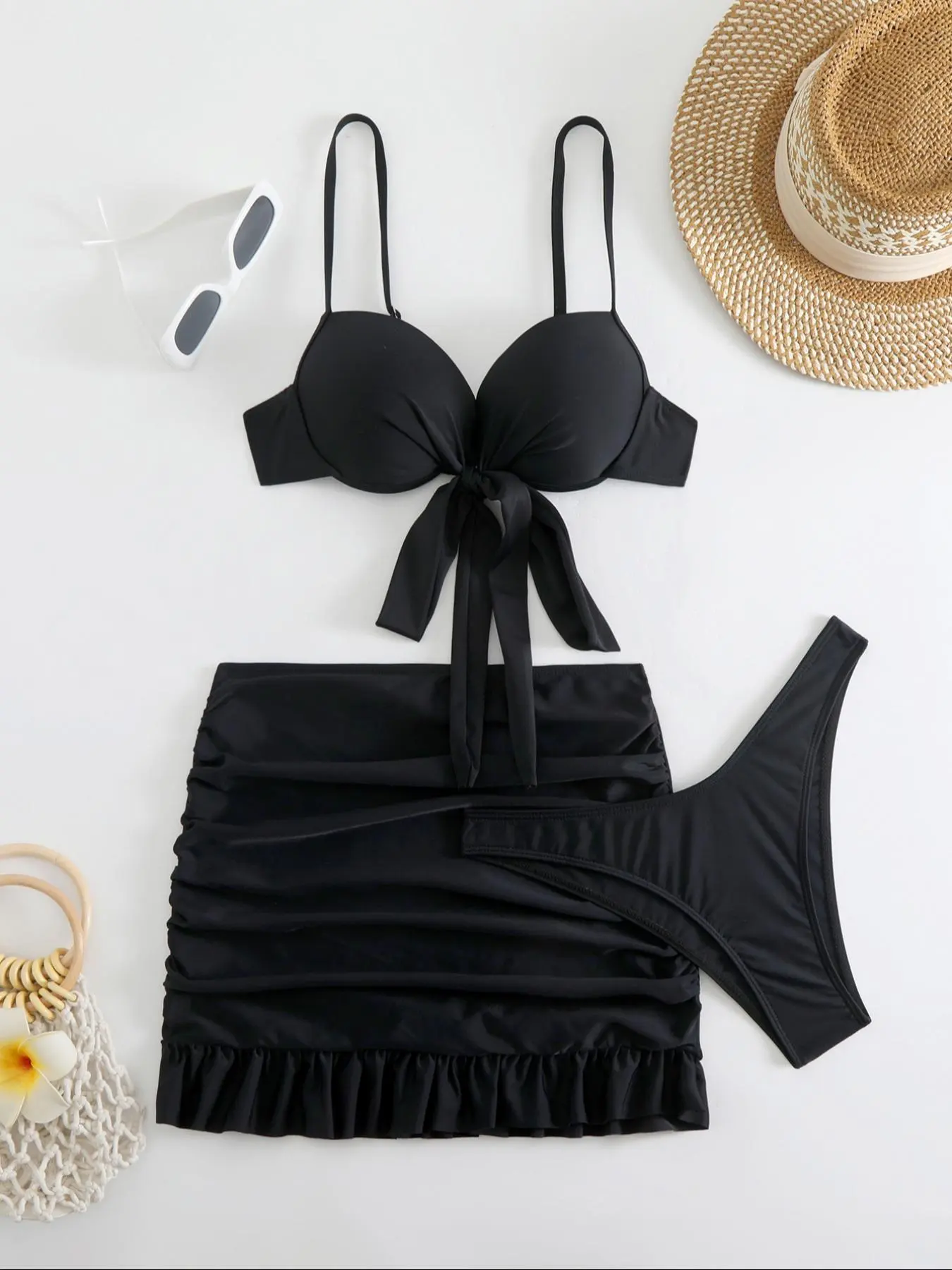 Three-piece Set Women's Solid Ruched Knot Bikini Set, Casual Adjustable Spaghetti Strap Push Up Ring Linked Swim Top & Ruffle Hem Ruched Swim Skirt & High Cut Swim Bottom Set, Fashion Comfy Ladies Swimsuit for Beach Holiday Vacation