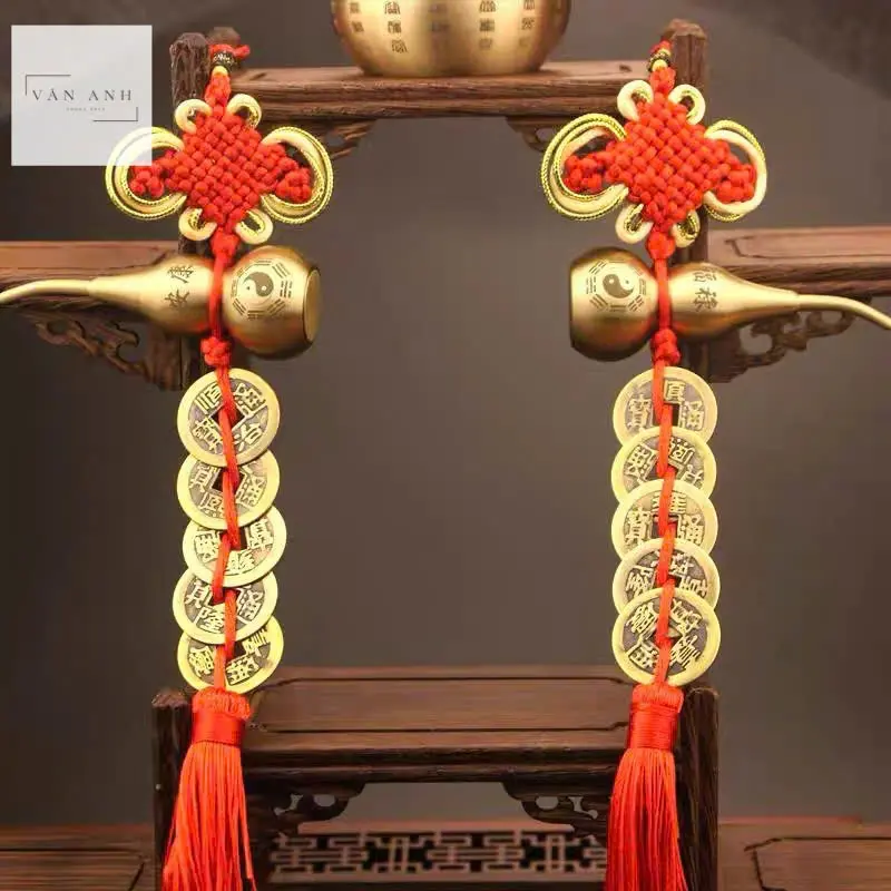 Dây xu hồ lô bằng đồng - Hồ lô đồng phong thủy gắn dây tiền ngũ đế treo đối cửa - Hồ lô bát quái bằng đồng