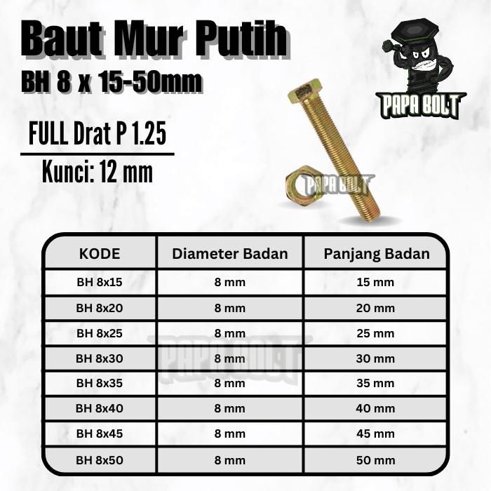 Baut Mur Hexagon Kuning M8 x 15-55mm Kunci 12 P 1.25 3