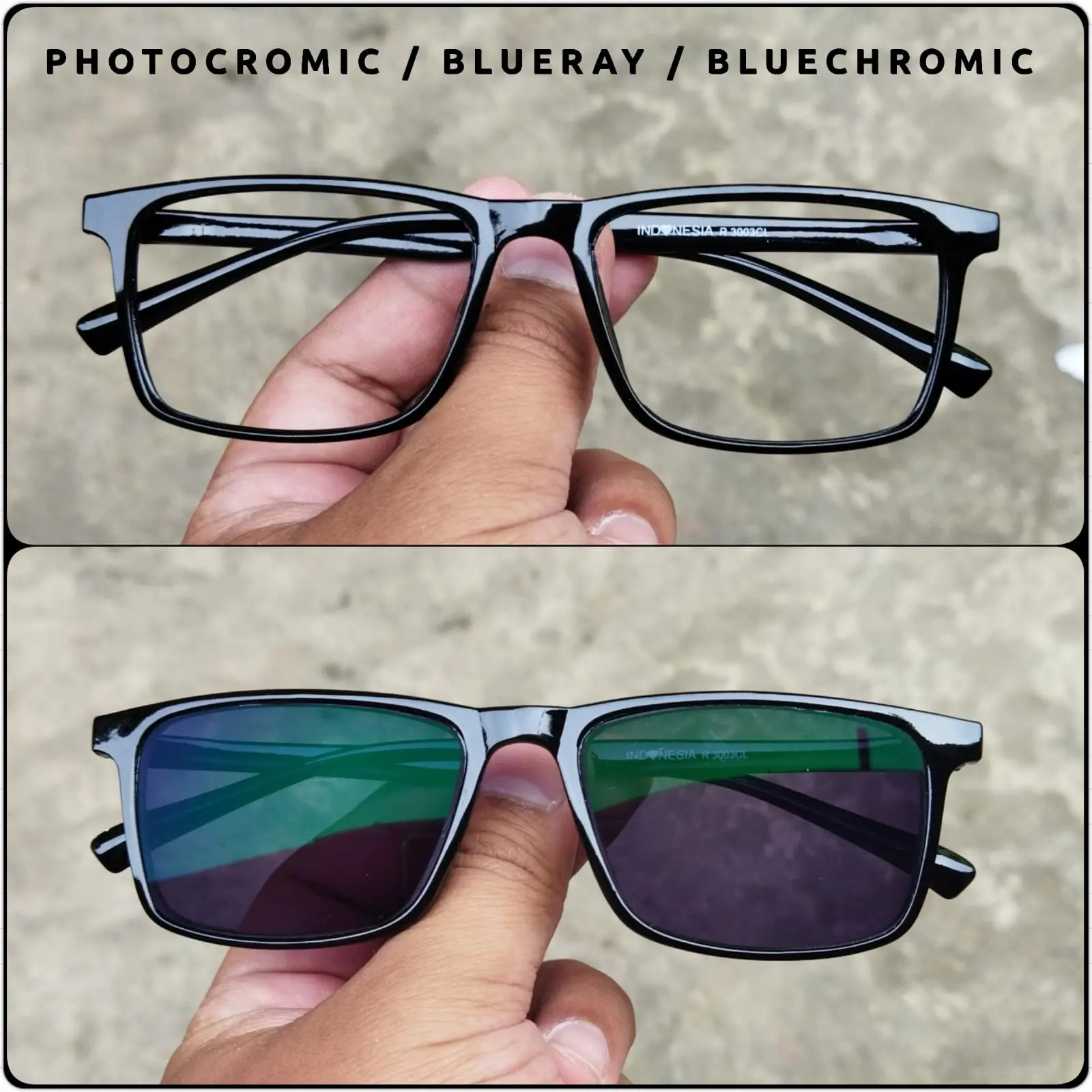kacamata Frame kotak hitam glossy Lensa Blueray Photocromic bluechromic murah
