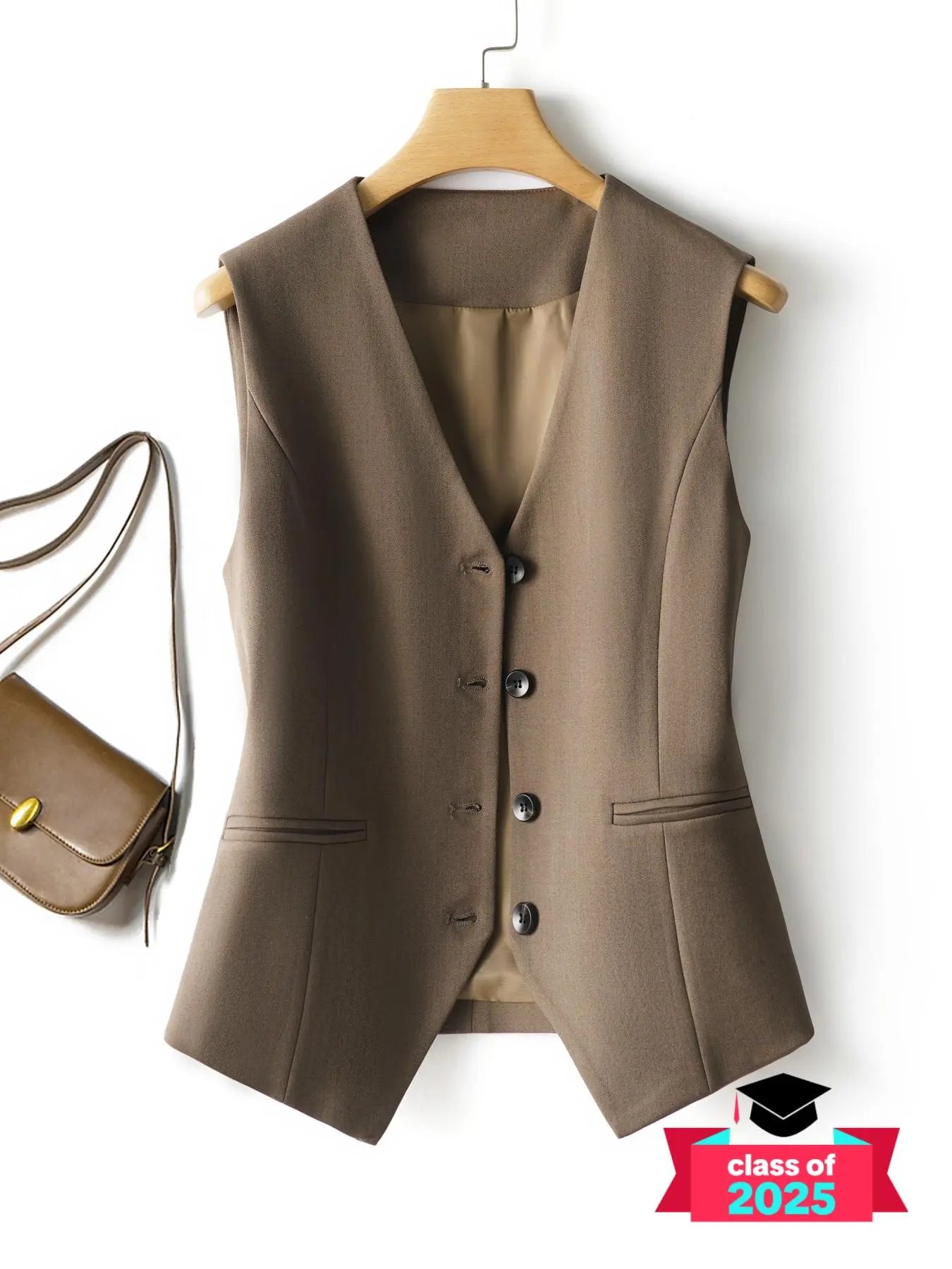 Women's Solid Button Front Vest Blazer, Elegant V Neck Pocket Suit Vest for Work Office Business, Tops for Women, Ladies Spring & Fall Clothes, Going Out Tops, Work Clothes Women