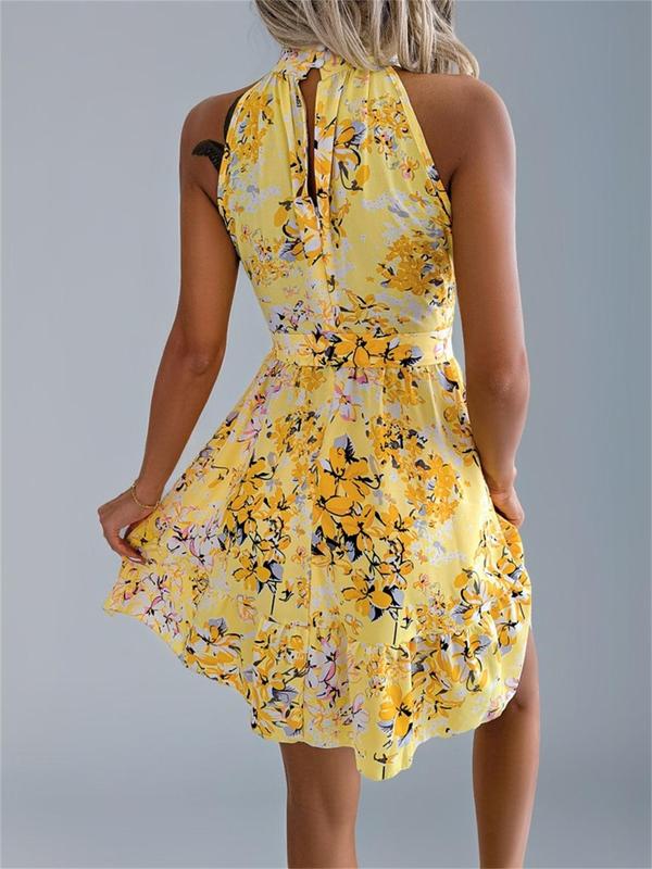 Women's All Over Floral Print Belted Dress, Casual Sleeveless Dress for Summer, Women's Clothes for Beach Holiday 1