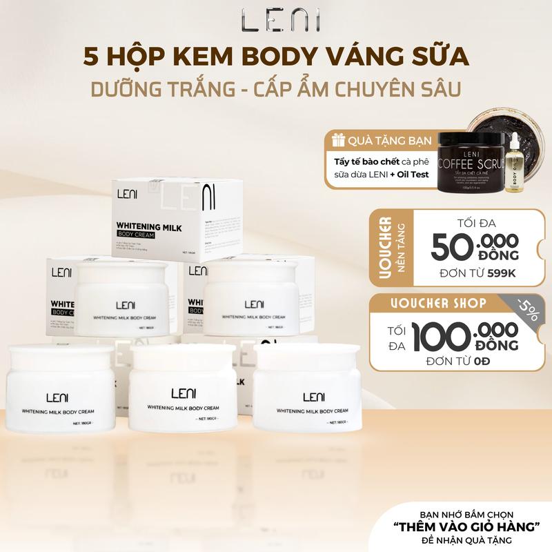 [Tặng 2 TẩyTBC] [COMBO 5 HỘP] KEM BODY VÁNG SỮA LENI WHITENING MILK CREAM 180GR - DƯỠNG TRẮNG DA, NÂNG TONE VÀ CHỐNG NẮNG - KEM BODY MAI PHƯƠNG BÙI kem dưỡng trắng body Nữ
