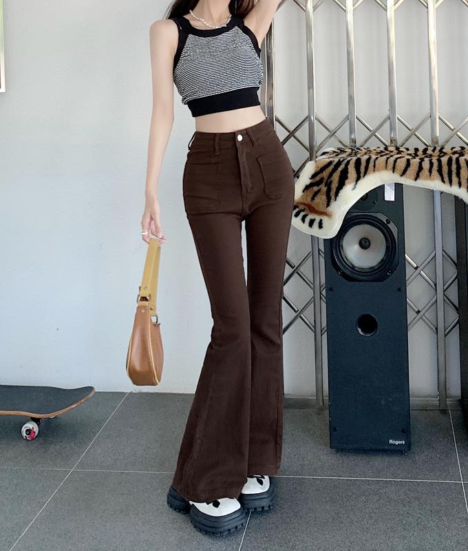 Quần Jeans ống loe cạp cao tôn dáng màu nâu đậm cực xinh chuẩn form Trung (co giãn tốt) 6