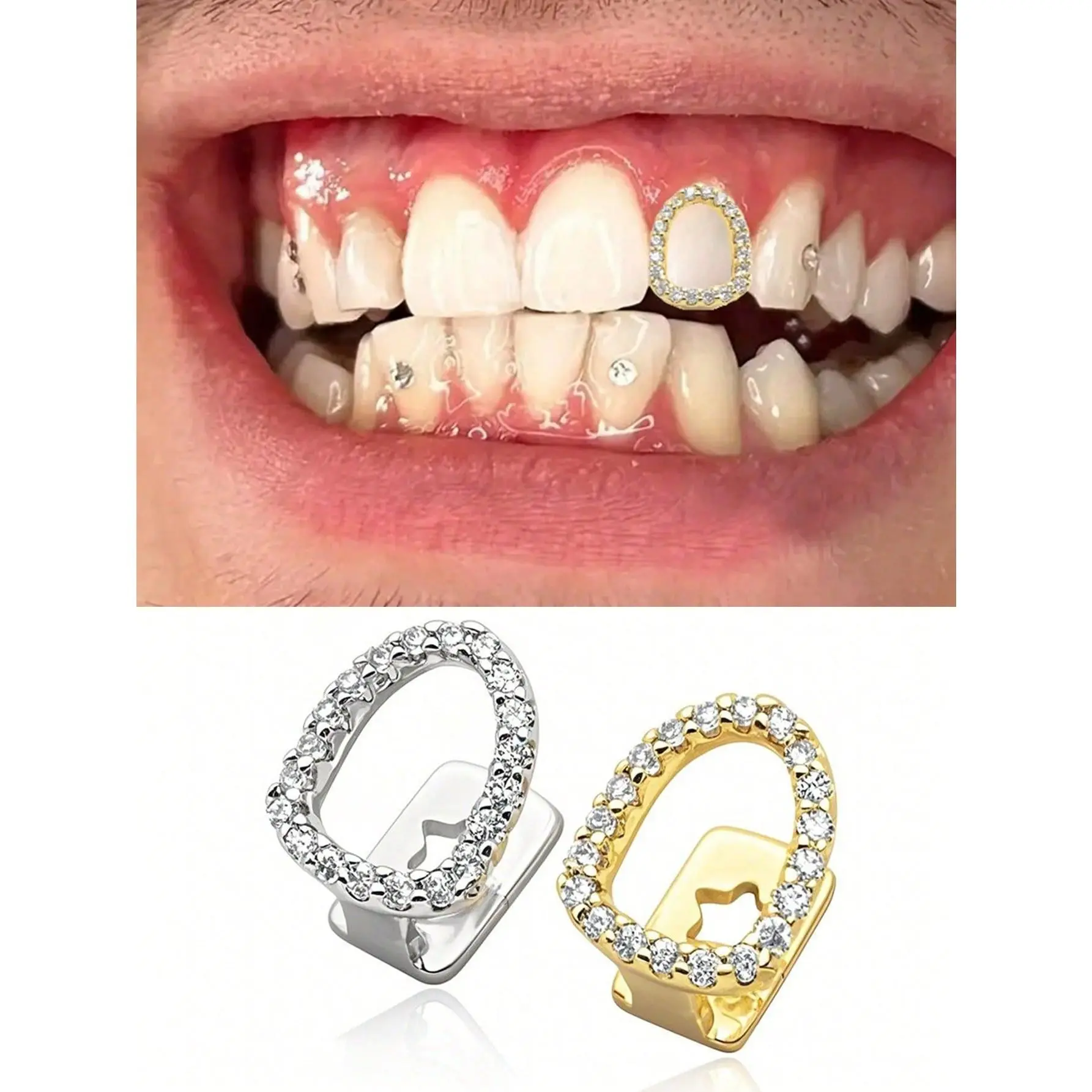 1pc Hollow Out Full Diamond Plated Gold Tooth Grillz, Fashionable Personality Hip Hop Tooth Jewelry, Suitable For Daily Wear By Men And Women
