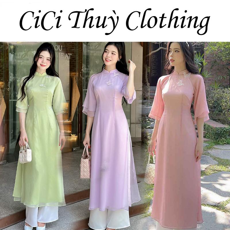 (Sẵn Hàng) Áo Dài Ngọc Diệp Chít Eo Chất Liệu Tơ mềm mịn áo dài đẹp 4 tà có cổ truyền thồng chất liệu voan tơ mềm phối tay 2 lớp Nữ Women Dress