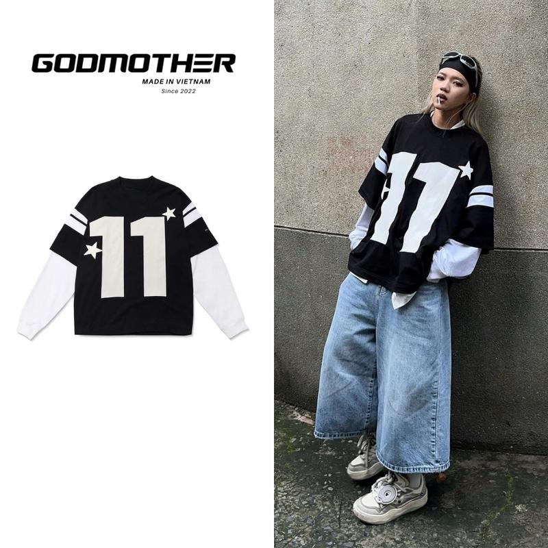 Áo Nỉ Dài Tay Số 11 GODMOTHER Layer Longtee Nỉ 2 Da Form Rộng Phối Thể Thao Phong Cách Năng Động Nam Nữ Menswear