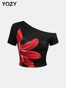 YOZY Women's Floral Print Crop Tee, Casual Fashion Tight-fitting T-shirt for Daily Wear, Ladies Summer Clothes, Top