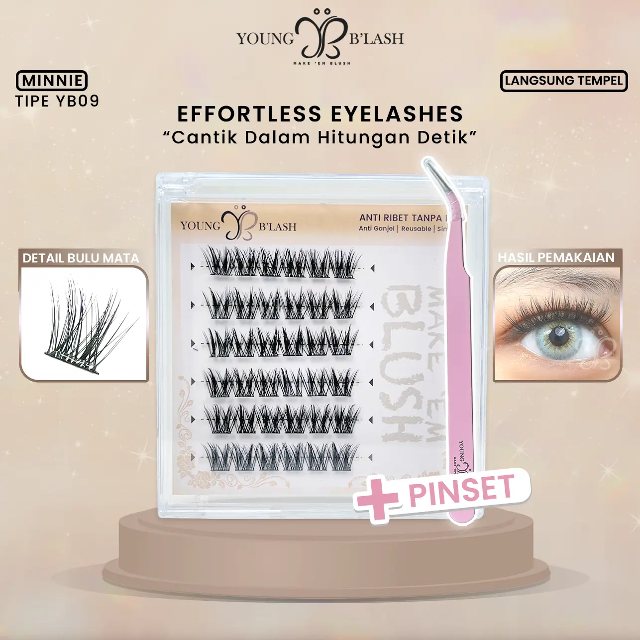 LANGSUNG TEMPEL | YB09 Minnie youngblash Eyelash Extension Tanpa Lem Bulu Mata Palsu PINSET Bulumata Box | Eye Makeup