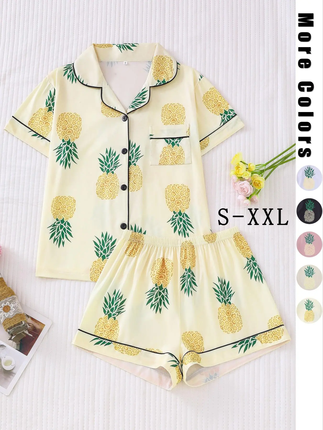 Women's Pineapple Print Lapel Blouse & Shorts Pyjama Set, Button Front Short Sleeve Top & Elastic Waist Shorts PJ Set, Casual Comfortable Sleepwear Set for Women, Pajamas