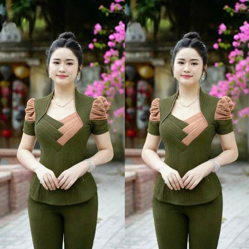 H25 Set Bộ xốp nhật quần dài có 2 túi áo phối màu xếp ly tay phồng mặc đẹp và sang trọng đủ kích cỡ 40-75kg Nữ có thể giặt máy 【m-s bộ đồ nữ khủng long hồng