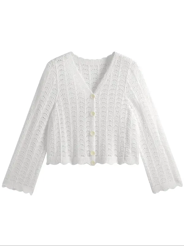 Women's Plain Hollow Out Open Front Cardigan, Casual Long Sleeve Crochet Cardigan for Summer, Fashion Women's Knit Clothing for Daily Wear 6