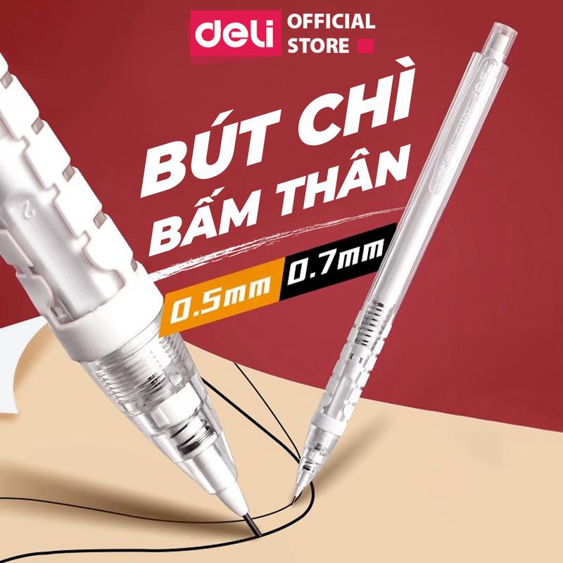 [1 chiếc] Bút chì kim Deli bấm ngòi 0.5-0.7mm bấm đầu - bấm thân kèm đầu tẩy - thiết kế nhựa trong cho học sinh, dân văn phòng, luyện chữ, vẽ phác thảo
