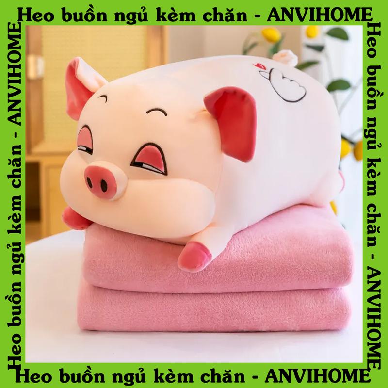 Mền gối Heo lim dim - Bộ chăn gối hình con Heo buồn ngủ (con lợn gấu bông) ANVIHOME