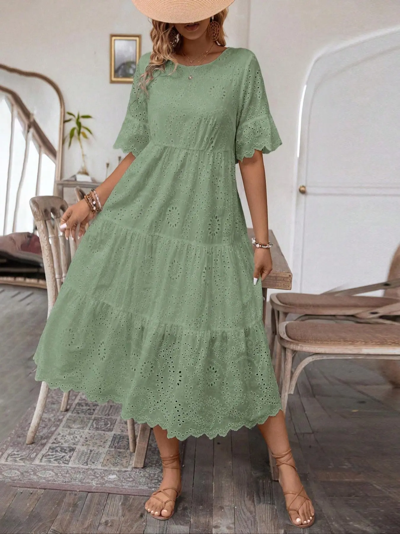 Women's Plain Dress, Casual Short Sleeve Round Neck A Line Dress for Summer, Ladies Clothes for Daily Wear
